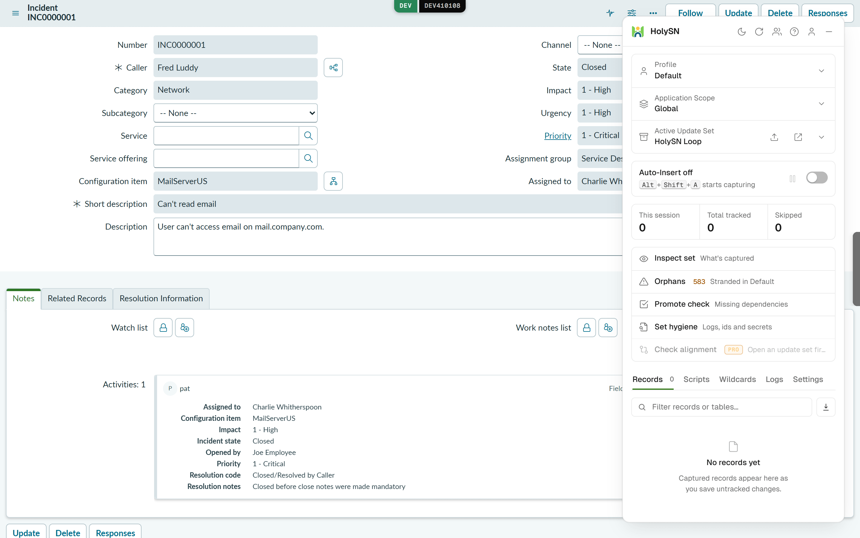 An incident list on a stock ServiceNow instance.
