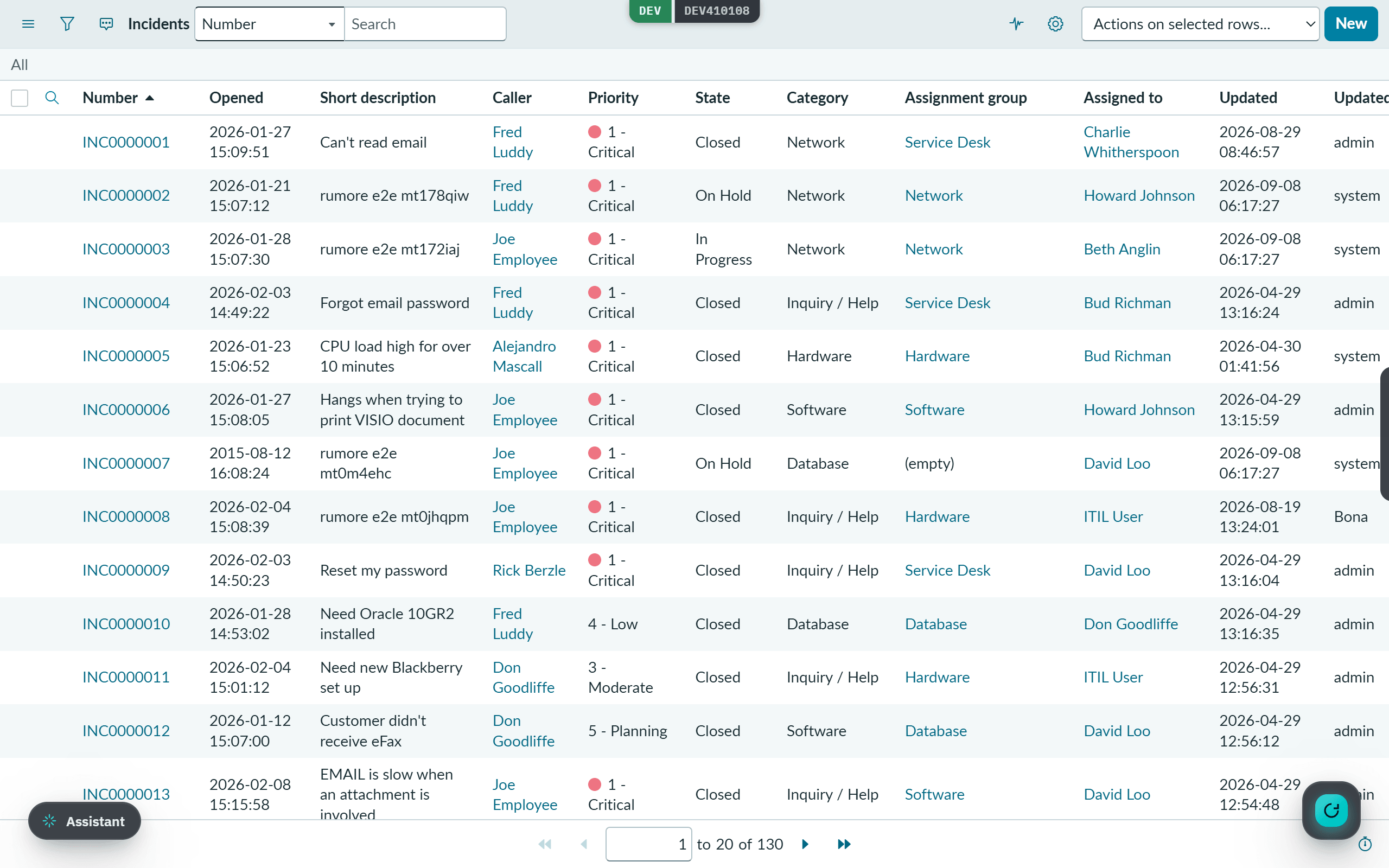 An incident list on a stock ServiceNow instance.